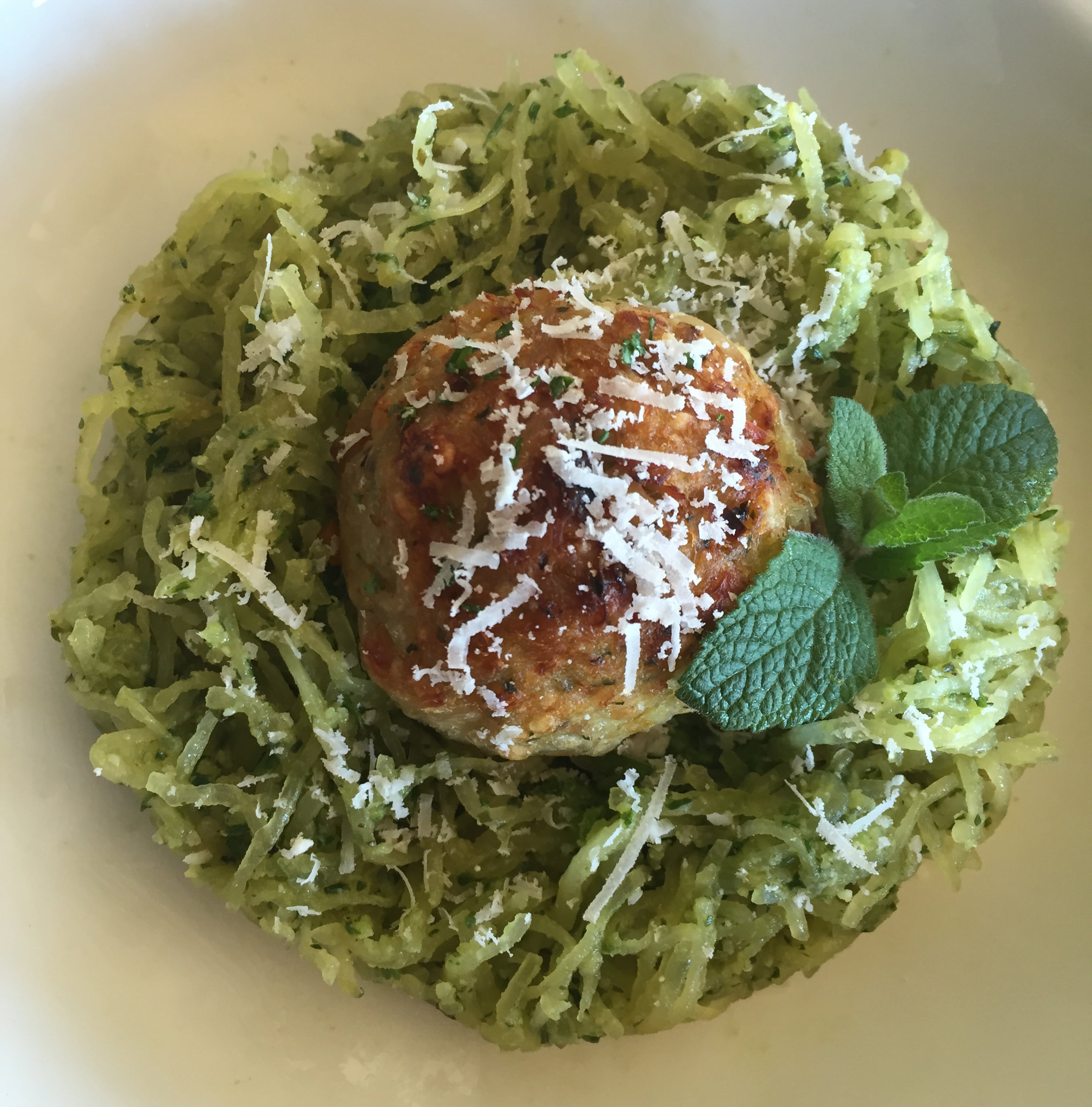 Spaghetti Squash and Mint Lemon Pesto with Crab and Orange Roughy Meatballs