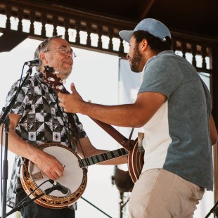 Tony Trischka and Tray Wellington perform "Earl's Breakdown" during the Earl Scruggs Revue tribute set. Photo by Cora Wagoner.