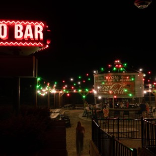 Tryon International's Silo Bar, festively lit. Photo by Eli Johnson