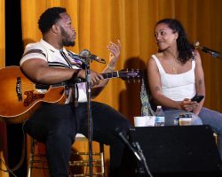 Lizzie No interviews Jontavious Willis for a live taping of BGS's and Folk Alley's podcast, Basic Folk. (Photo by Ben Noey Jr.)