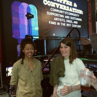 Lizzie No and Jenny Owen Youngs stand side stage after the live Basic Folk podcast taping and conversation.