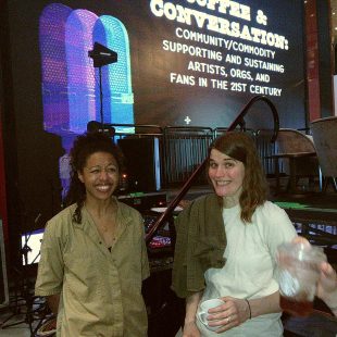 Lizzie No and Jenny Owen Youngs stand side stage after the live Basic Folk podcast taping and conversation.