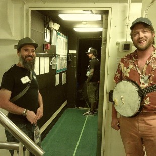 Taylor Ashton (with banjo) and Patrick McAloon hang back stage at the BGS Nightcap.