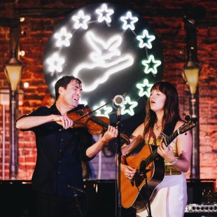 Andrew Bird and Madison Cunningham in duet during A Bluegrass Situation at Newport Folk Festival. By Nina Westervelt.