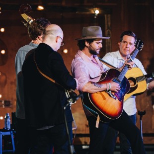 Langhorn Slim with the Lonesome Trio on the stage at A Bluegrass Situation, our Newport Folk Festival after show. By Nina Westervelt.