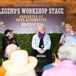 Journalist and BGS Contributor Tommy Goldsmith moderated the Legend's Workshop Stage each day, including a session featuring Marty Stuart and JT Scruggs sharing stories about Earl. Photo by Cora Wagoner.