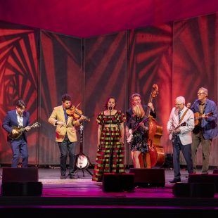 The evening's spearhead, Rhiannon Giddens, joins Steve Martin, Alison Brown, and band for a number.