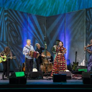 Rhiannon Giddens' Old-Time Revue, featuring (L to R) Amelia Powell, Dirk Powell, Jason Sypher, Demeanor (Justin Harrington), Giddens, and Justin Robinson.