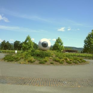 The JCB Eye greets visitors at Raymond Vineyards. A sculpture by artist, vintner, and proprietor of JCB, Jean-Charles Boisset (modeled after his own right eye), who himself greeted attendees and sabered a 1969 bottle of bubbly to serve to guests to open the LITV brunch.
