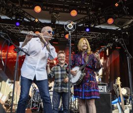 Alison Brown Quintet's John Ragusa, Bryan Brock and Alison Brown. Earl Scruggs Music Festival 2026. Photo Credit: Bain Stewart