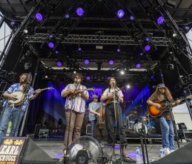 East Nash Grass. (Cory Walker, banjo; Harry Clark, mandolin; Carter Eddy, bass; Maddie Denton, fiddle; Frank Rische, guitar). Earl Scruggs Music Festival 2026. Photo Credit: Bain Stewart